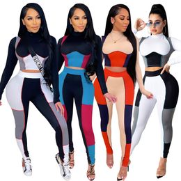 Two Piece Dress Patchwork Skinny 2 Set Women Spring Mock Neck Crop TopStretchy Legging Matching Outfits Female Streetwear 230627