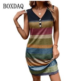 Basic Casual Dresses Elegant Sexy Bodycon Dress Women Slim Sleeveless VNeck Striped Printed Button Vest Oversized Summer Clothing 230627