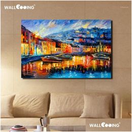 Paintings 100% Hand-Painted Landscape Oil Painting Venice On Canvas Abstract Italy Yellow Wall Art Pictures For Living Room1 Drop De Dhczj