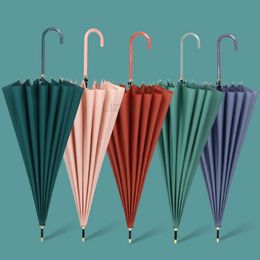 Shank Long Straight Solid Umbrella Color 16K Strong Windproof Pongee Umbrellas Unisex Sunny Rainy Semi-Automatic Bumbershoot Th0470 s