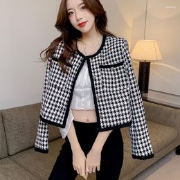 Women's Jackets Women's Autumn Korean Fashion Streetwear Houndstooth Tweed Jacket Coat Women Vintage Woollen Short Coats Small Fragrance