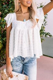 Women's Blouses White Puckered Texturing Ruffled Cap Sleeves Babydoll Top For Women