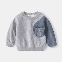 T shirts Boys Denim Sweatshirt Kids Stitching Sleeved Loose Sweater Spring Autumn Children's Street Style Casual Hoodies Clothes 230627
