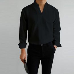Men's Casual Shirts Men's Fashion V-Neck Solid Men Shirt Smart Clothes Spring Summer Long Sleeve Tees Tops Loose Pullover Streetwear
