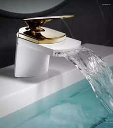 Bathroom Sink Faucets White Waterfall Minimalist Art Full Copper Single Handle Counter Basin Wash And Cold Faucet