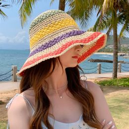 Handmade Straw Hat Women's Foldable Bohemian Seaside Rainbow Patchwork Color Fisherman's Hat Shade Sun Show Face Small Basin Hat