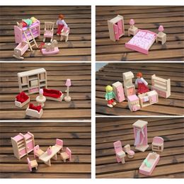 Doll House Accessories 6 set style Funny Kids Pretend Role Wooden Toy Dollhouse Nursery Room dining room living romm Miniature Furniture 230626