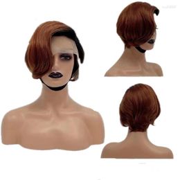 Short Human Hair Wigs For Black Women Lace Pixie Cut With Side Bangs And Burgundy
