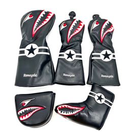 Other Golf Products Golf PU Leather Wood Head Cover Golf Driver Fairway Wood Hybrid Head covers Shark Cartoon Pattern Golf Club Protective Sleeve 230627