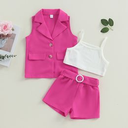 Pyjamas 3 7Y Kids Girls Summer Clothes Set Baby Sleeveless Button Down Blazer Coat Vest Belted Short Pants Children Fashion Outfits 230626