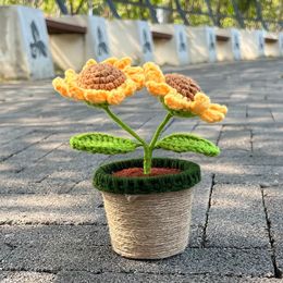 Dried Flowers Crochet Woven Sunflower Flowers Potted Artificial Plants Bonsai Hand Knitted Gifts For Room Home Table Ideas Mother's Day Decor 230627