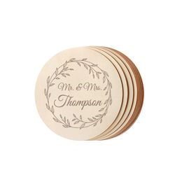 Mats Pads Custom Engraved Wedding Wooden Coaster Personalised Anniversary Party Favour Round Rustic Wood Drink Coasters 10pcs 230627