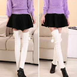 Women Socks 1 Pair Knitted Lace-up Pompoms Over Knee Stretchy Soft Keep Warm Solid Colour Autumn Winter Boot Stockings