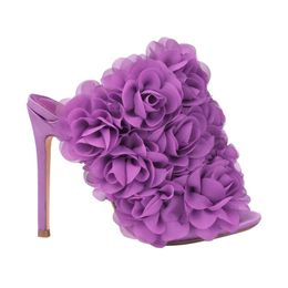 Leather Genuine Ladies Women Satin Sandals High Heels Summer Peep toe Open Toed Slipper Big Rose Flower Wedding Par