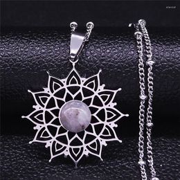 Pendant Necklaces Bohemia Flower Flash Stone Stainless Steel Charm Necklace Women Silver Colour Statement Jewellery Colier Femme N4322S04