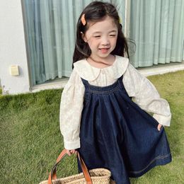 Clothing Sets Spring Autumn Girls Clothes Cute Lace Doll Collar Blouse And Denim Overalls Patchwork Lantern Sleeve Elegant All-match