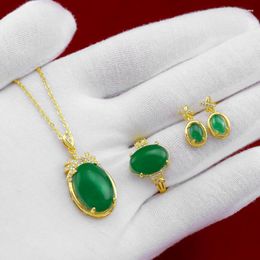 Necklace Earrings Set Natural 18k Gold Plated Emerald Gemstone For Women Pendant Jewellery Ring Stud Wedding Jewery