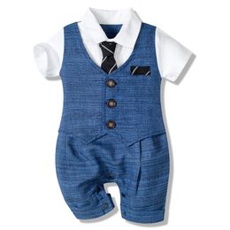 Rompers Baby Boy Clothes Summer Cotton Formal Romper Gentleman Tie Outfit born Clothing Handsome Button Jumpsuit Party Suit 230626