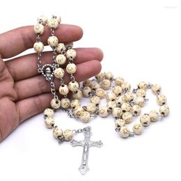 Pendant Necklaces 8mm Cross Pink Spotted Rosary Necklace Catholic Christian Party Wedding Prayer Bead Religious Chain Jewellery