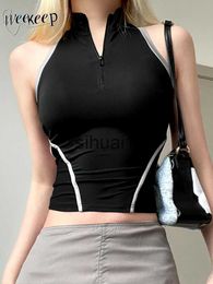 Women's T-Shirt Weekeep Punk Style Backless Crop Top Cut Out Zip Up Turtleneck Sleeveless T-shirt Women Casual Summer Tee Shirts Y2k Streetwear J230627