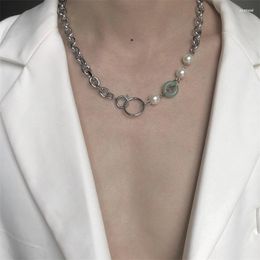 Chains Titanium Steel Colorfast Chinese Necklace Imitation Pearl Jade Ring Retro Stitching Temperament For Men And Women