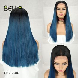 Synthetic Wigs FREE FAST Bella Straight Blue 7 Colors Ombre Blonde Pink Purple Black Lace Front For Women 20inch Wig