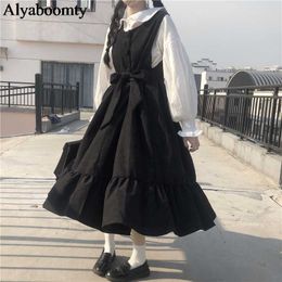 Japanese Harajuku Lolita Style Women Long Sundress Black Gray Blue Oversized Sleeveless Dress Cute Kawaii Ruffles Sashes Dresses 210611