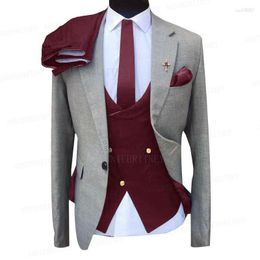 Men's Suits Men's Grey Men Business Suit Slim Fit Blazer Tailored Groom Wedding Tuxedo Jacket Burgundy Double Breasted Vest Pants 3