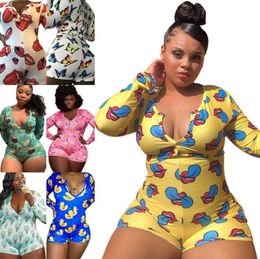 XL-5XL Plus Size Women Clothing Jumpsuits Home Bodysuit Pyjama Onesies Fashion Amarson Element Printing Sexy Large Size 822