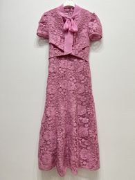 New S-elf Portrait Pink Lace Midi Dress Short Sleeve A-line Dress for Women