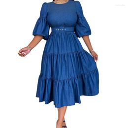 Casual Dresses 2023 Fashion Vintage Women Denim Dress Sping Autumn Half Sleeve Patchwork Ruffles With Belt Big Hem Midi