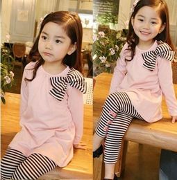 Clothing Sets Retail and wholesale spring autumn toddler girl clothing sets children clothes kids top with bow striped leggings 2pcs 230626