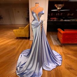 Sky Blue Mermaid Prom Dresses Ruffles Beaded Elegant Sweep Train Evening Gowns Robe de Soire 공식 파티 드레스 사용자 정의 제작