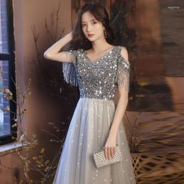 Ethnic Clothing Woman Tassel Short Sleeve V-Neck Elegant Exquisite Sequins Bling Evening Dress A-Line Backless Party Formal Gown