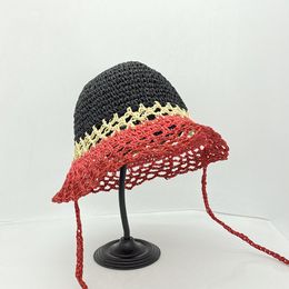 Summer Straw Crochet Bucket Hat Women's Foldable Panama Cap UV Sun Chapeau Boho Colourful Stripes Beach Vacation Fishing Hat