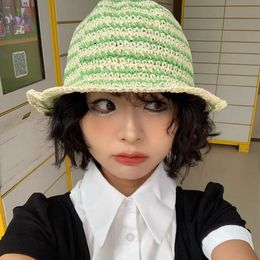 New Japanese Contrasting Striped Roofless Hollow Bucket Hat Women Korean Version Ins Vacation Beach Foldable Sunshade Basin Cap