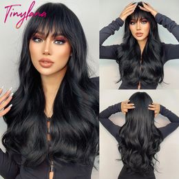 Synthetic Wigs TINY LANA Natural Black Long Wavy Wig with Bangs for Women Body Wave Dark Brown Cosplay Daily Hair Heat Resistant 230627