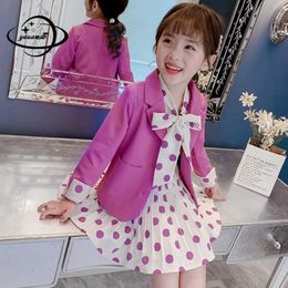 Suits Kids Blazers Sets Spring Autumn Girls Casual 2pcs Dress Suits Jackets Single Breasted Polka Dot Sweet Children's Clothes H52 230626