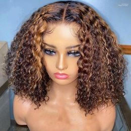 Highlight Ombre Brown Color Short Bob Curly Human Hair Wigs For Women Brazilian Loose Deep Wave HD Transparent Lace Closure Wig