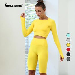 Dress Chrleisure Seamless Fiess Set Woman Sport Suits Sportswear Gym Set Sexy Long Sleeve Crop Top High Waist Shorts Workout Clothes