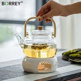 Water Bottles BORREY Handle Glass Teapot HeatResistant Flower Tea Kettle Large Clear Fruit Juice Container Ceramic Holder Base 230627