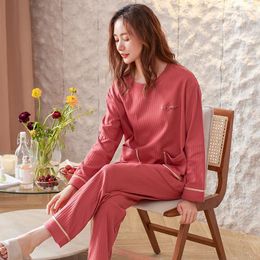 Women's Sleepwear Women's Woman Pyjamas Sets Autumn Long Sleeve Soft Cotton Pyjamas Young Girls Home Clothing Female Solid Colour Loose