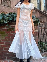 Party Dresses Y2K Puff Sleeve White Lace Long Dress Patchwork Mesh Elegant Chic Beach Summer Aesthetic Sheer Sexy Outfits