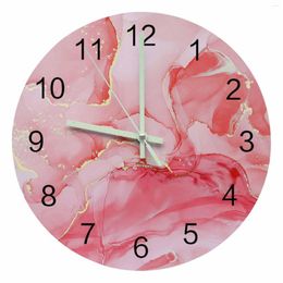 Wall Clocks Marble Texture Gradient Red Luminous Pointer Clock Home Ornaments Round Silent Living Room Bedroom Office Decor