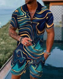 Mens Tracksuits Summer Colourful pattern Print Tracksuit Set Casual Zipper Collar Polo Shirt And Shorts 2pcs Sets Fashion Man Clothing 230627