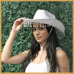 Berets Womens White Bridal Western Cowboy Hat Diamond Fringe Cowgirl Novelty Funny Party Cow Boy Girl