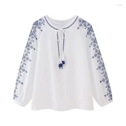 Women's Blouses Women's 2023 Summer Round Neck Long-sleeved Fashion Temperament Loose And Thin Tassel Tie Embroidery Shirt Top Female