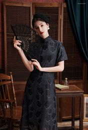 Ethnic Clothing Chinese Style Short Sleeve Mandarin Collar Qipao Women Vintage Classic Black Lace Cheongsam Vestidos Size M-3XL