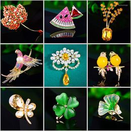 Brooches Two Yellow Bird Brooch Creative Butterfly Watermelon Vase Medal Gingko Clothing Pin Woman Coat Accessories