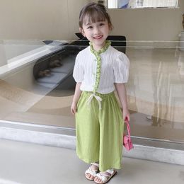 Clothing Sets Summer Girls' Casual Set Fashion Avocado Green Lace Short Sleeve Top Split Wide Leg Pants Sweet Two Piece Korean Edition